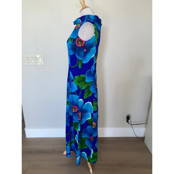 VINTAGE 60's 70's Sun Fashions of Hawaii Dress Maxi Sleeveless Blue Floral Sz 12 - Picture 3 of 5